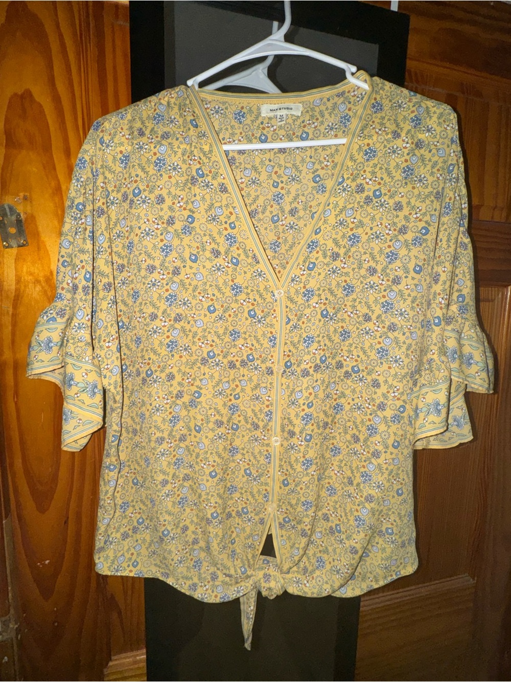 Max Studio Yellow Floral V-Neck Tie-Front Blouse